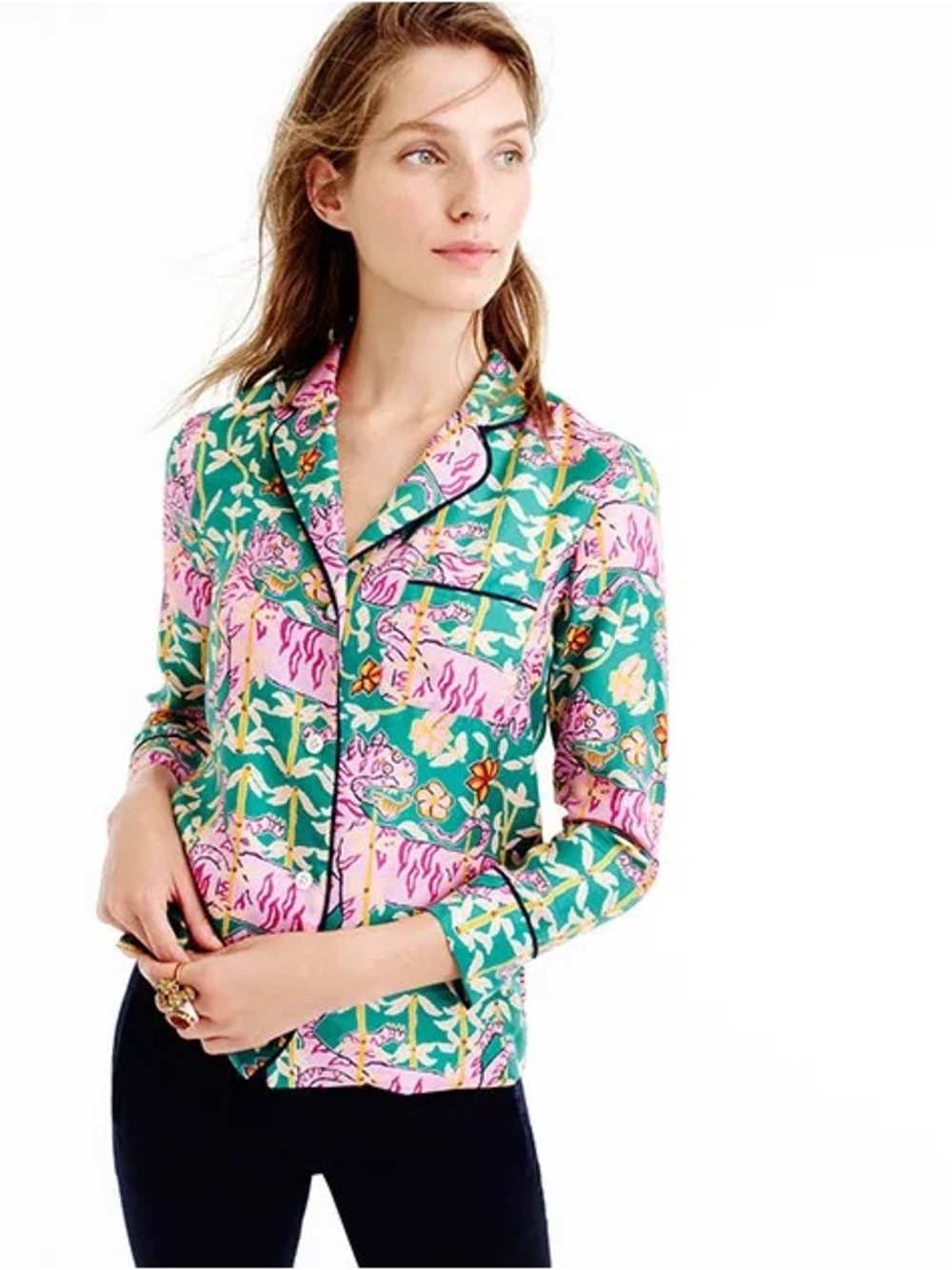 Drake’s Collection for J. Crew Silk Top in Green Bengal Tiger